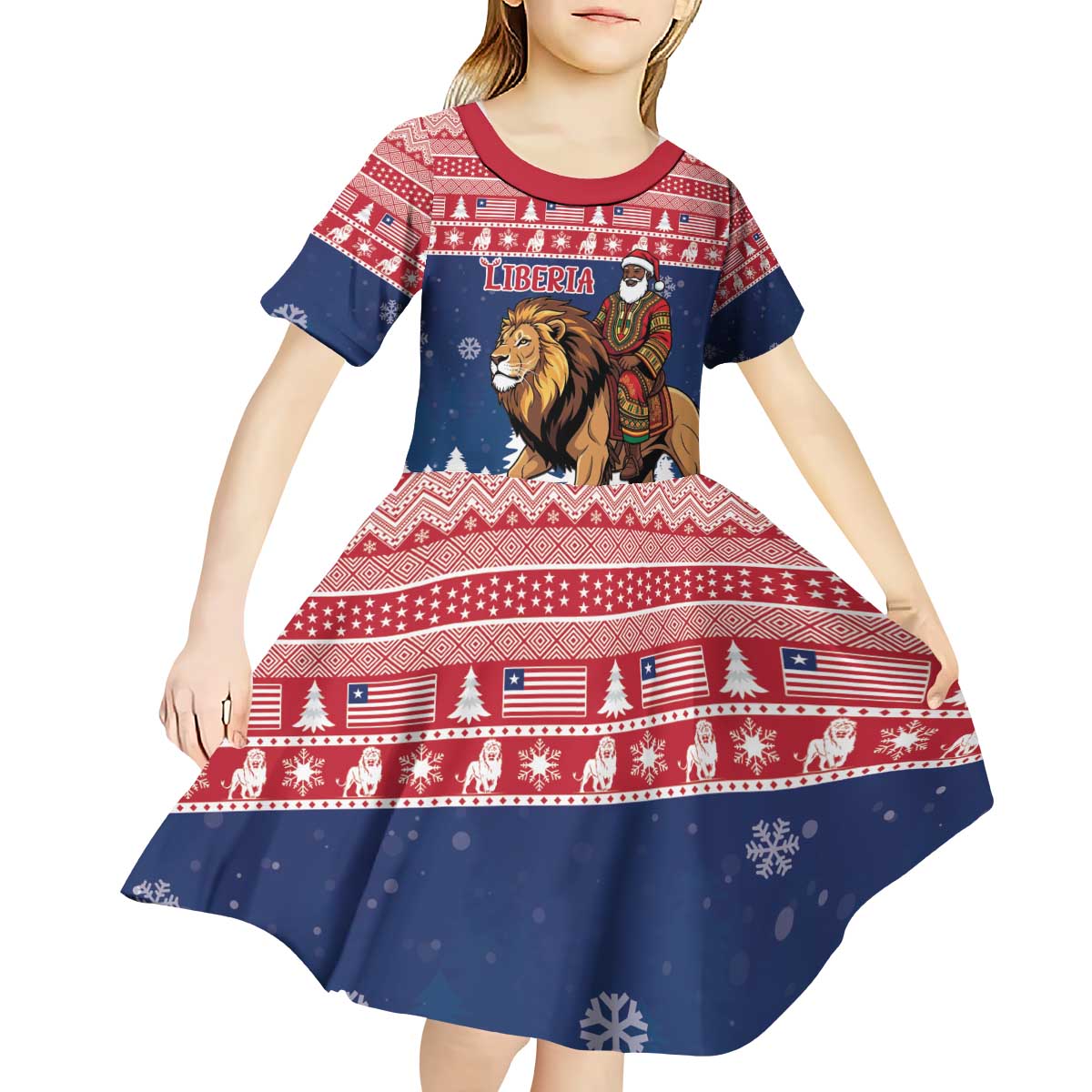 Personalized Liberia Christmas Kid Short Sleeve Dress Black Santa Riding Lion - Merry Christmas - Wonder Print Shop
