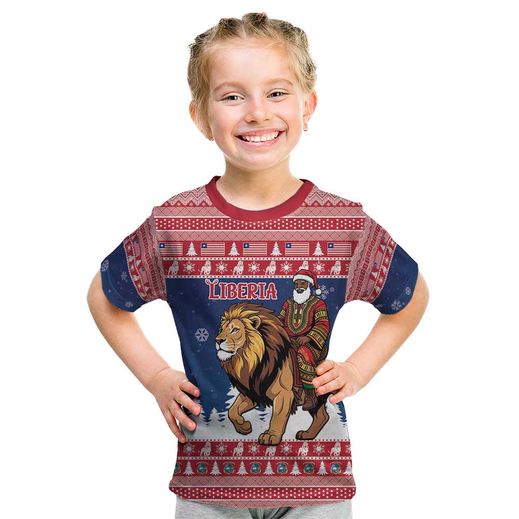 Personalized Liberia Christmas Kid T Shirt Black Santa Riding Lion - Merry Christmas - Wonder Print Shop