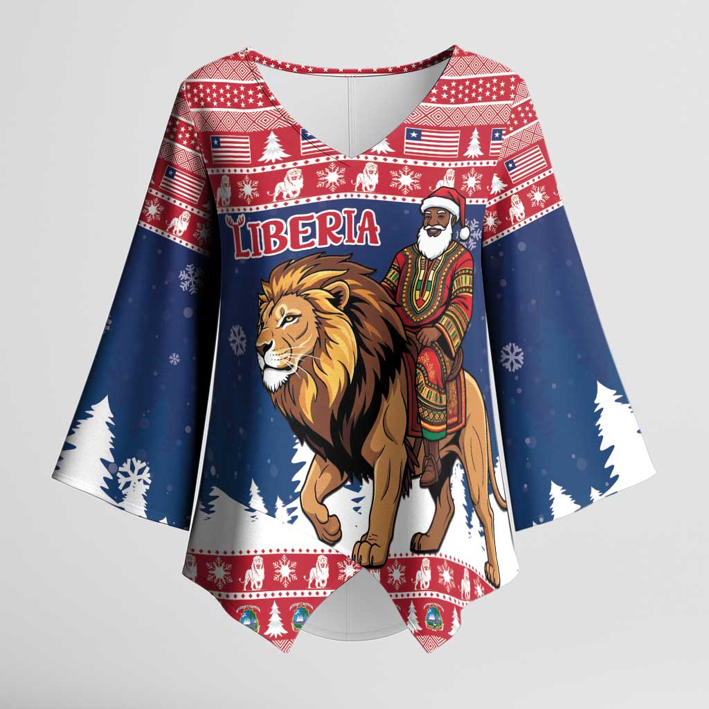 Personalized Liberia Christmas Kimono Sleeve Blouse Black Santa Riding Lion - Merry Christmas - Wonder Print Shop