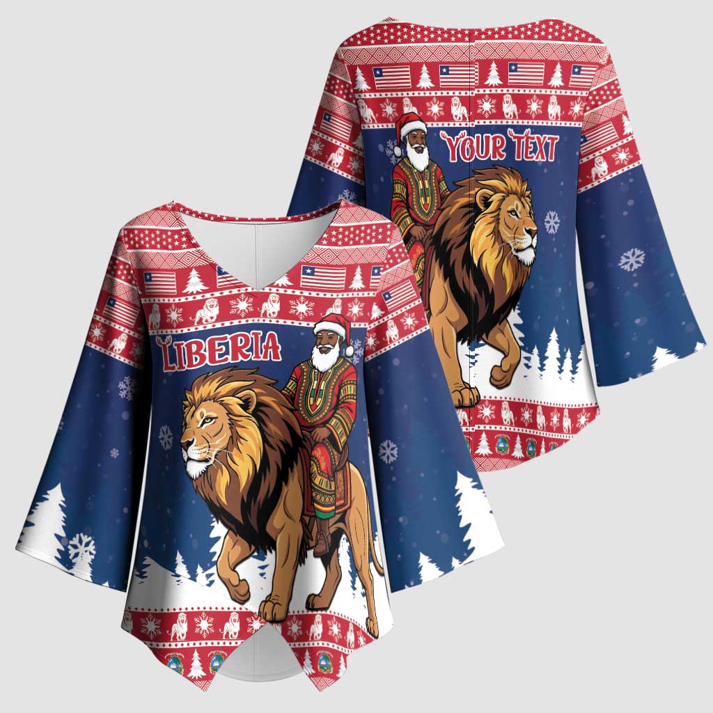 Personalized Liberia Christmas Kimono Sleeve Blouse Black Santa Riding Lion - Merry Christmas - Wonder Print Shop