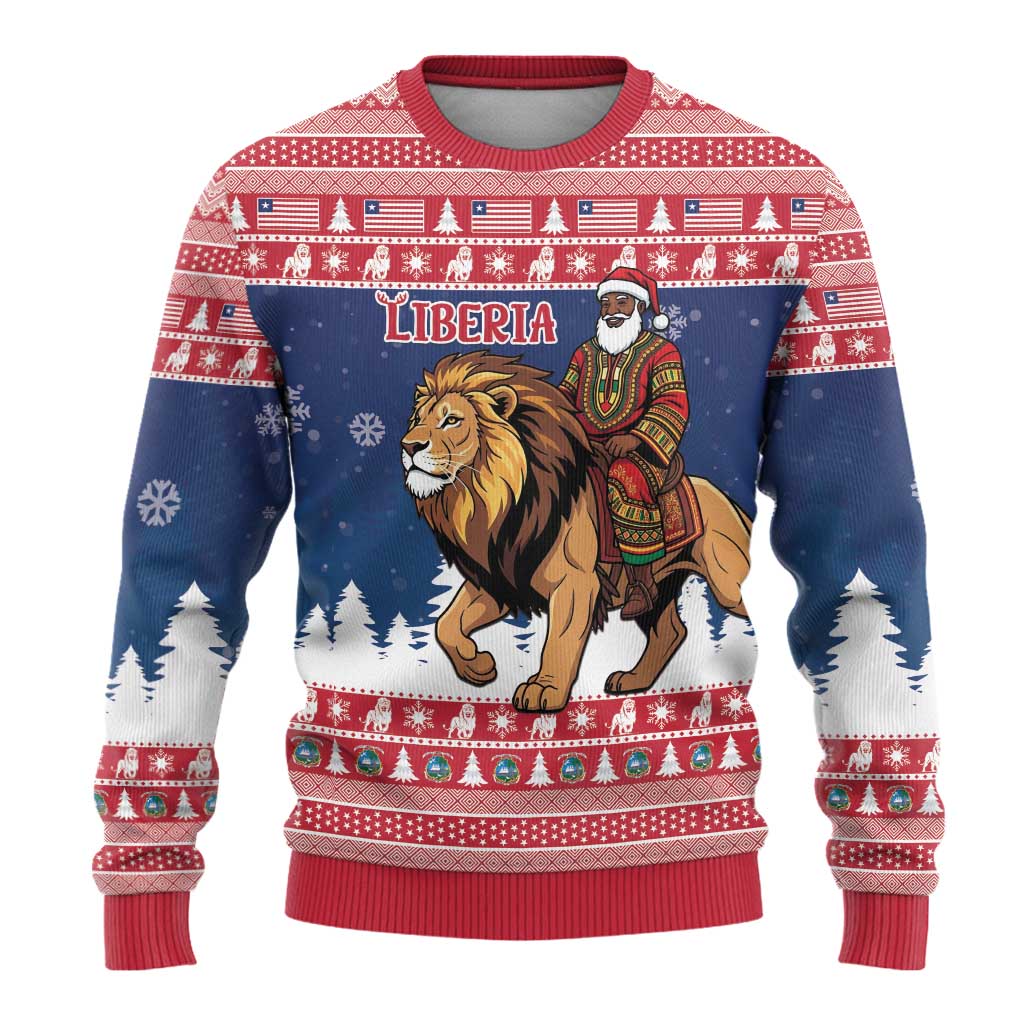 Personalized Liberia Christmas Ugly Christmas Sweater Black Santa Riding Lion - Merry Christmas - Wonder Print Shop