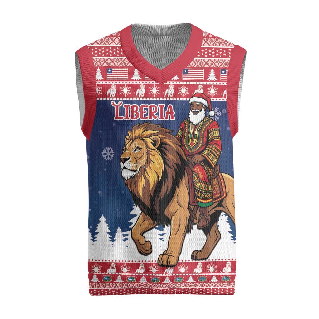 Personalized Liberia Christmas Knitted V-Neck Vest Black Santa Riding Lion - Merry Christmas - Wonder Print Shop