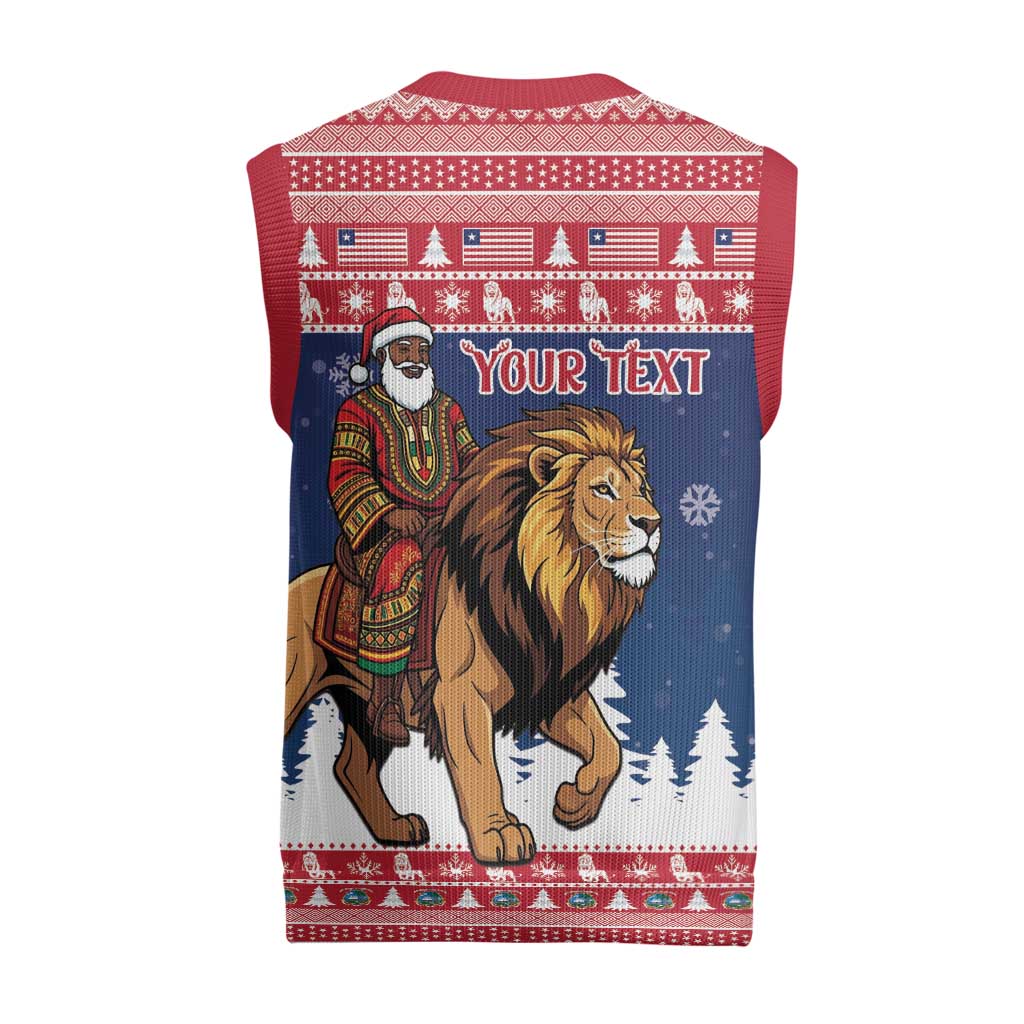 Personalized Liberia Christmas Knitted V-Neck Vest Black Santa Riding Lion - Merry Christmas - Wonder Print Shop