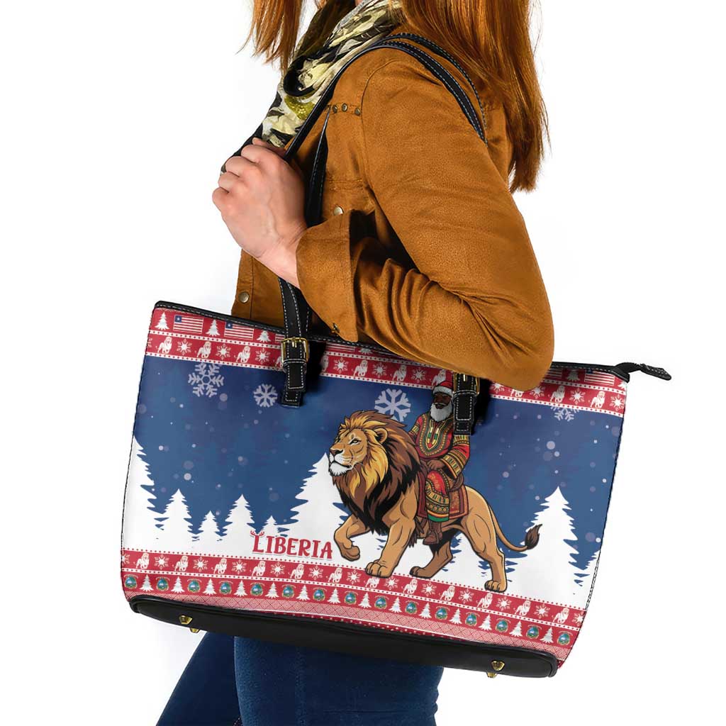 Liberia Christmas Leather Tote Bag Black Santa Riding Lion - Merry Christmas - Wonder Print Shop