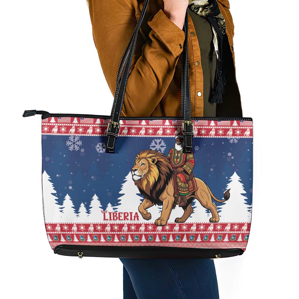 Liberia Christmas Leather Tote Bag Black Santa Riding Lion - Merry Christmas - Wonder Print Shop