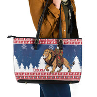 Liberia Christmas Leather Tote Bag Black Santa Riding Lion - Merry Christmas - Wonder Print Shop