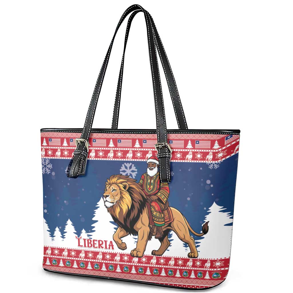 Liberia Christmas Leather Tote Bag Black Santa Riding Lion - Merry Christmas - Wonder Print Shop