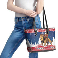 Liberia Christmas Leather Tote Bag Black Santa Riding Lion - Merry Christmas - Wonder Print Shop