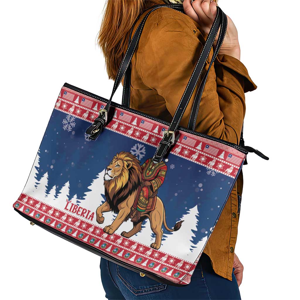 Liberia Christmas Leather Tote Bag Black Santa Riding Lion - Merry Christmas - Wonder Print Shop