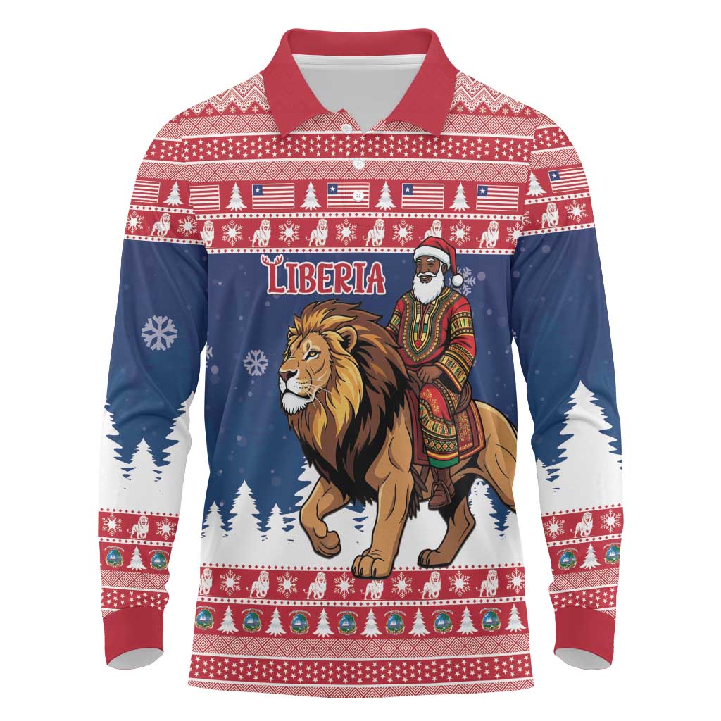 Personalized Liberia Christmas Long Sleeve Polo Shirt Black Santa Riding Lion - Merry Christmas - Wonder Print Shop