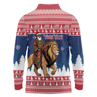 Personalized Liberia Christmas Long Sleeve Polo Shirt Black Santa Riding Lion - Merry Christmas - Wonder Print Shop