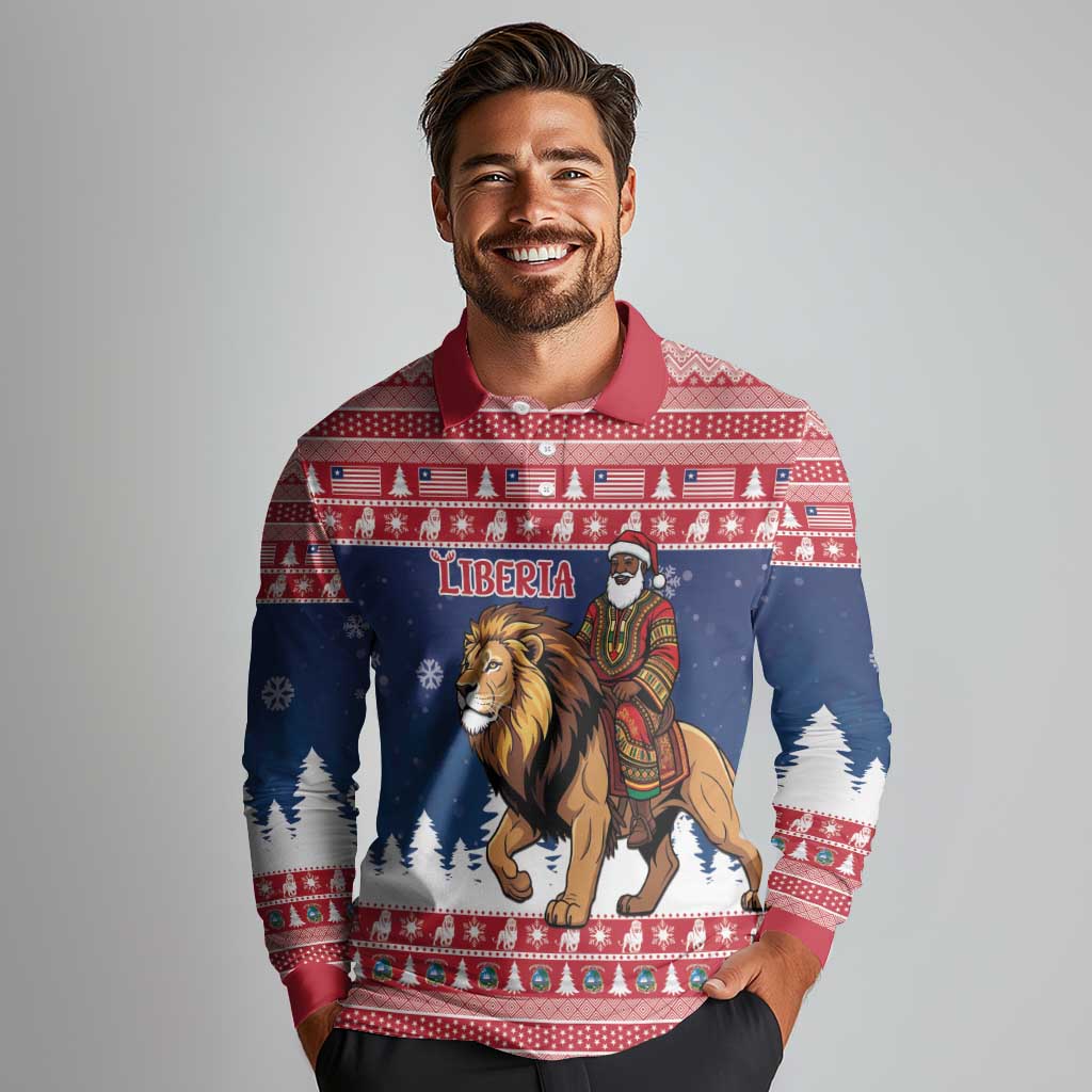 Personalized Liberia Christmas Long Sleeve Polo Shirt Black Santa Riding Lion - Merry Christmas - Wonder Print Shop