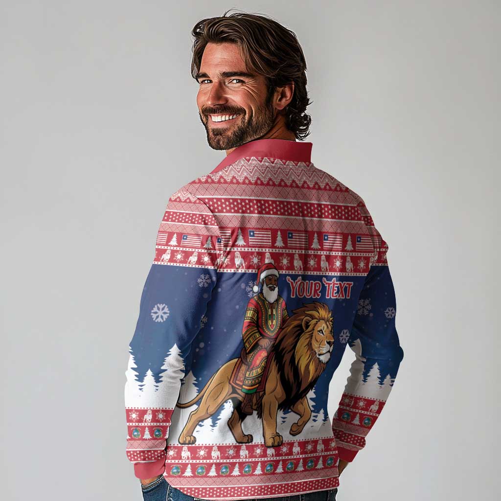 Personalized Liberia Christmas Long Sleeve Polo Shirt Black Santa Riding Lion - Merry Christmas - Wonder Print Shop