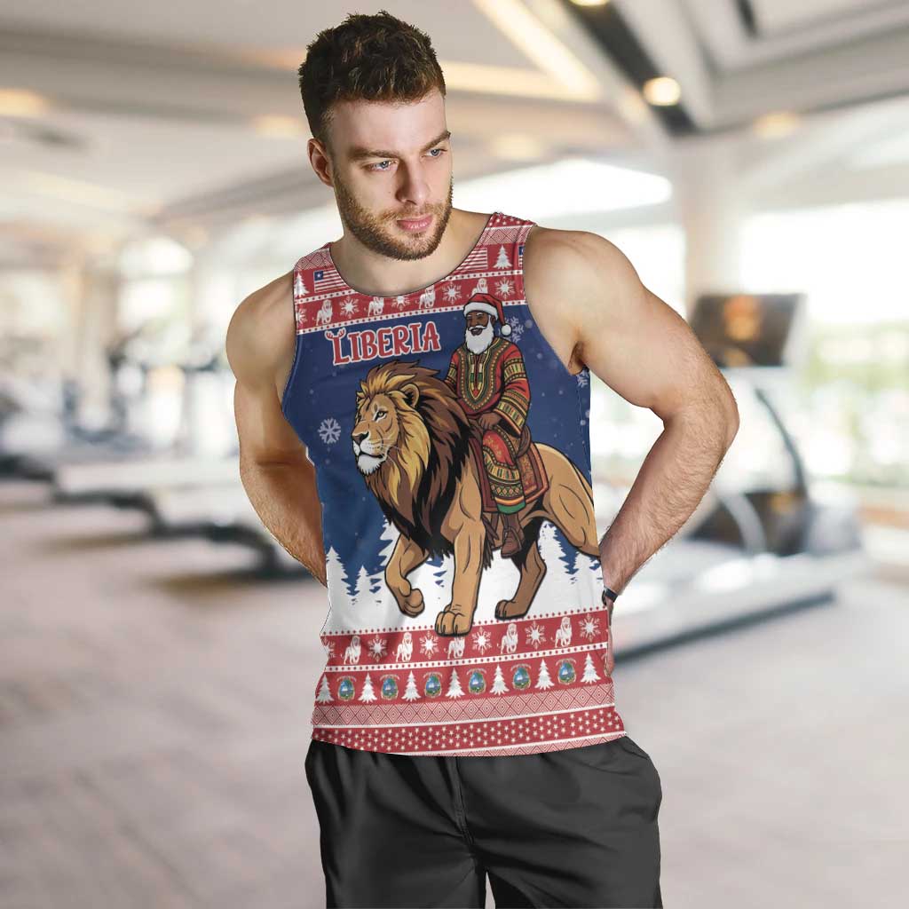 Personalized Liberia Christmas Men Tank Top Black Santa Riding Lion - Merry Christmas - Wonder Print Shop
