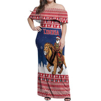 Personalized Liberia Christmas Off Shoulder Maxi Dress Black Santa Riding Lion - Merry Christmas - Wonder Print Shop