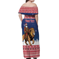 Personalized Liberia Christmas Off Shoulder Maxi Dress Black Santa Riding Lion - Merry Christmas - Wonder Print Shop