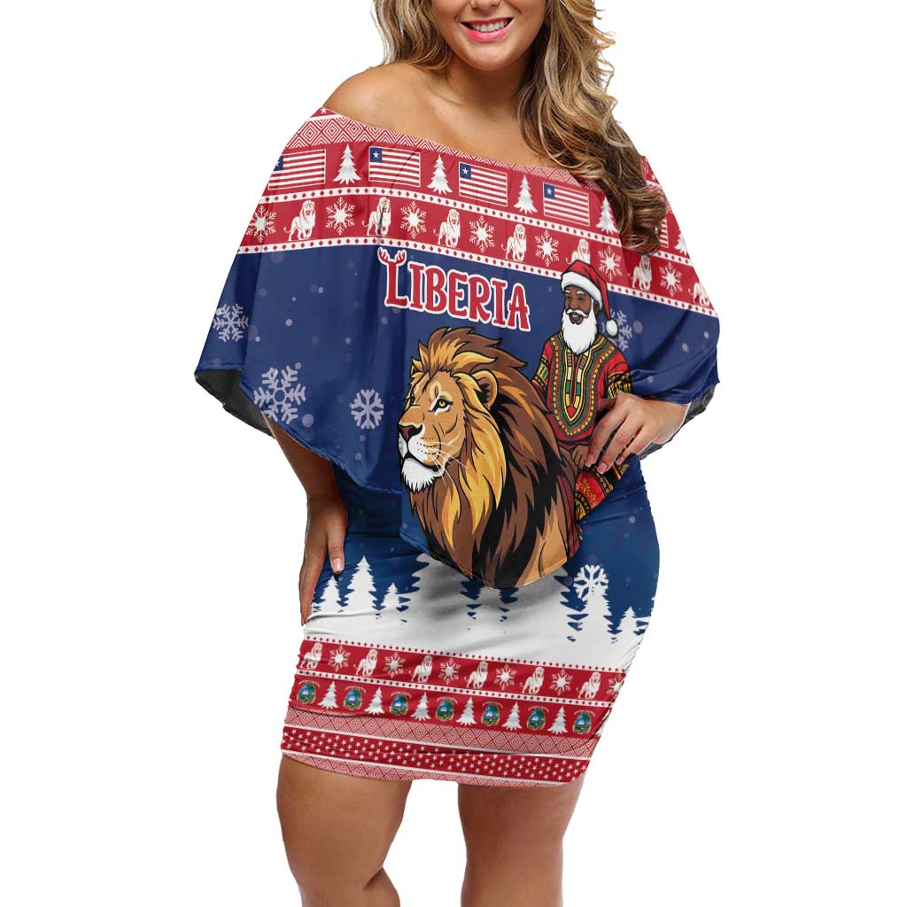 Personalized Liberia Christmas Off Shoulder Short Dress Black Santa Riding Lion - Merry Christmas - Wonder Print Shop