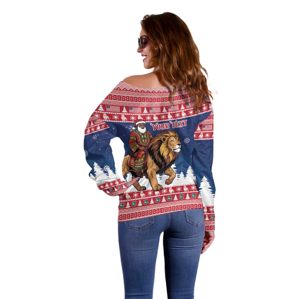 Personalized Liberia Christmas Off Shoulder Sweater Black Santa Riding Lion - Merry Christmas - Wonder Print Shop