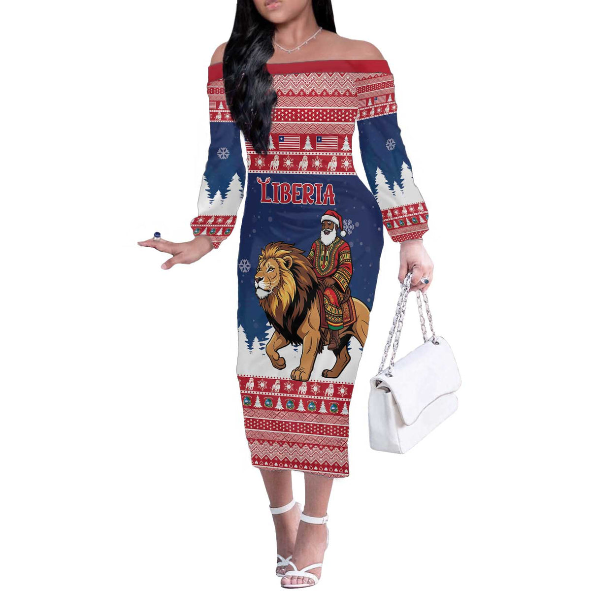 Personalized Liberia Christmas Off The Shoulder Long Sleeve Dress Black Santa Riding Lion - Merry Christmas - Wonder Print Shop