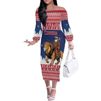 Personalized Liberia Christmas Off The Shoulder Long Sleeve Dress Black Santa Riding Lion - Merry Christmas - Wonder Print Shop