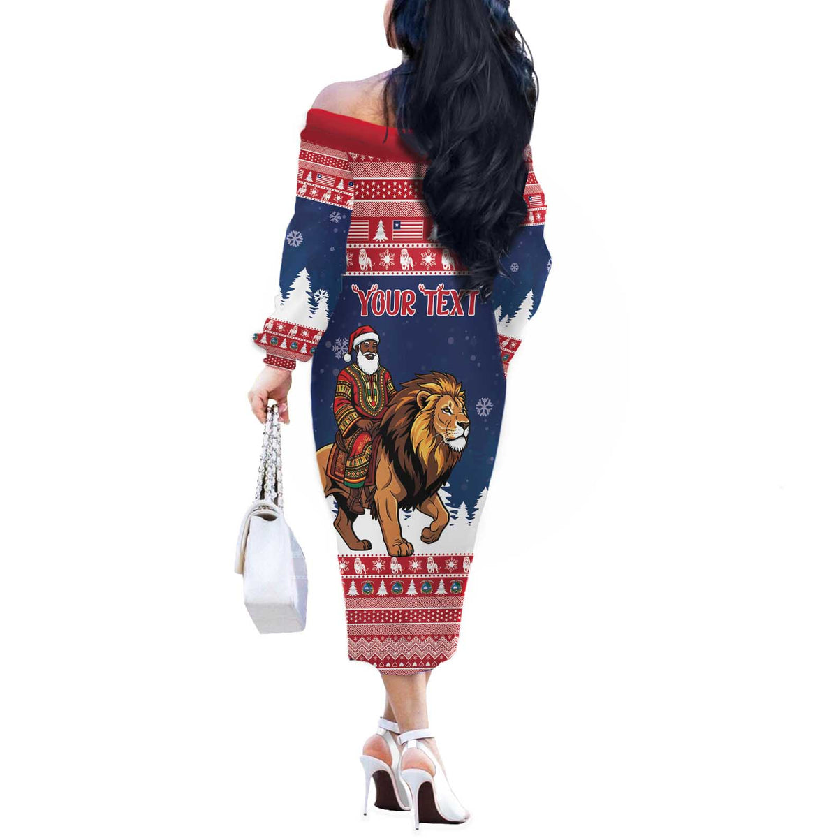 Personalized Liberia Christmas Off The Shoulder Long Sleeve Dress Black Santa Riding Lion - Merry Christmas - Wonder Print Shop