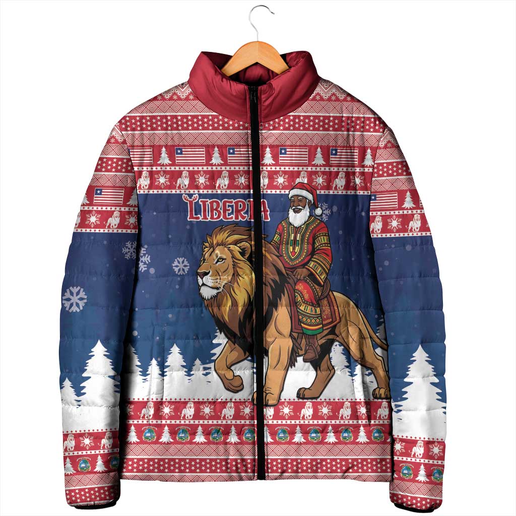 Personalized Liberia Christmas Padded Jacket Black Santa Riding Lion - Merry Christmas - Wonder Print Shop