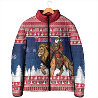 Personalized Liberia Christmas Padded Jacket Black Santa Riding Lion - Merry Christmas - Wonder Print Shop