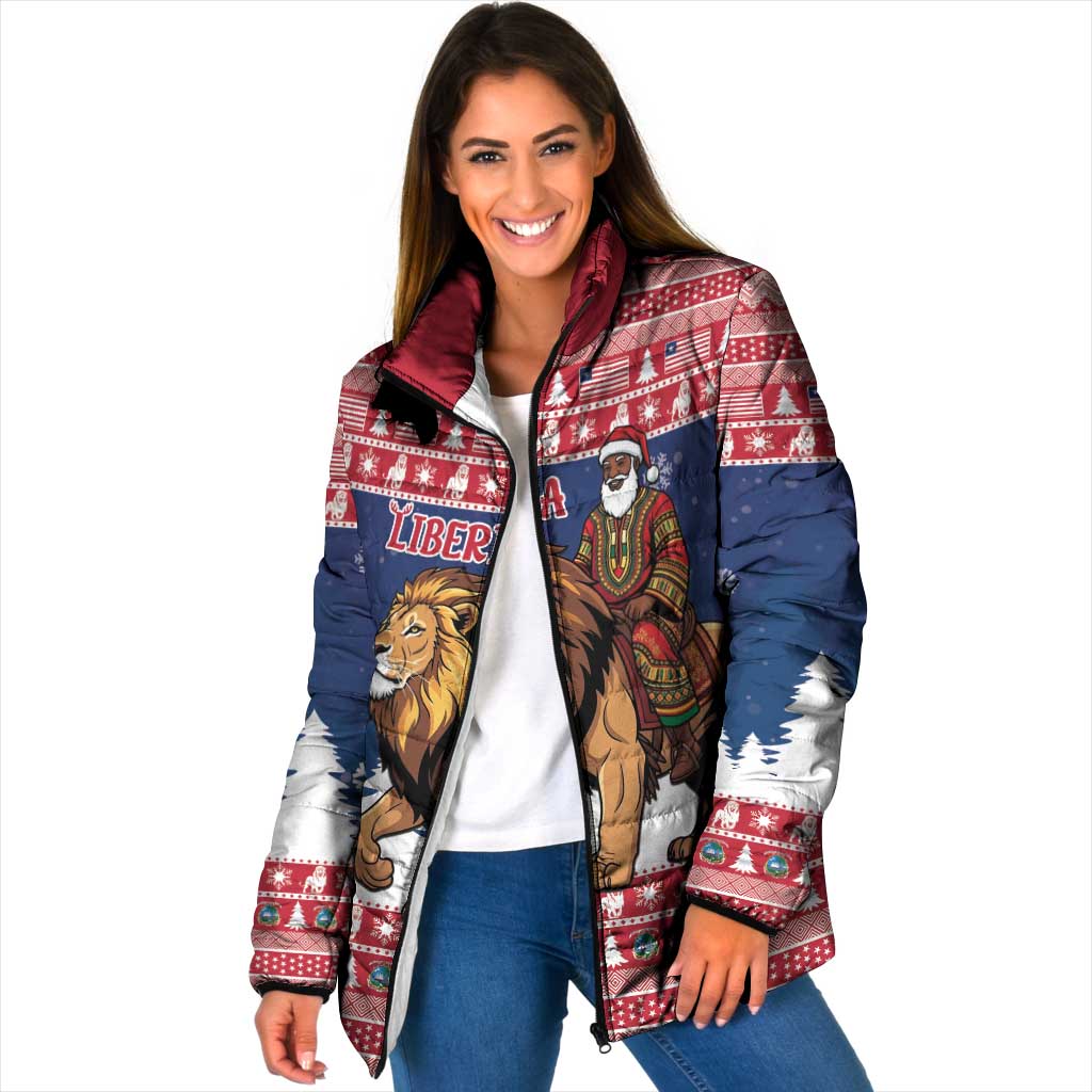 Personalized Liberia Christmas Padded Jacket Black Santa Riding Lion - Merry Christmas - Wonder Print Shop