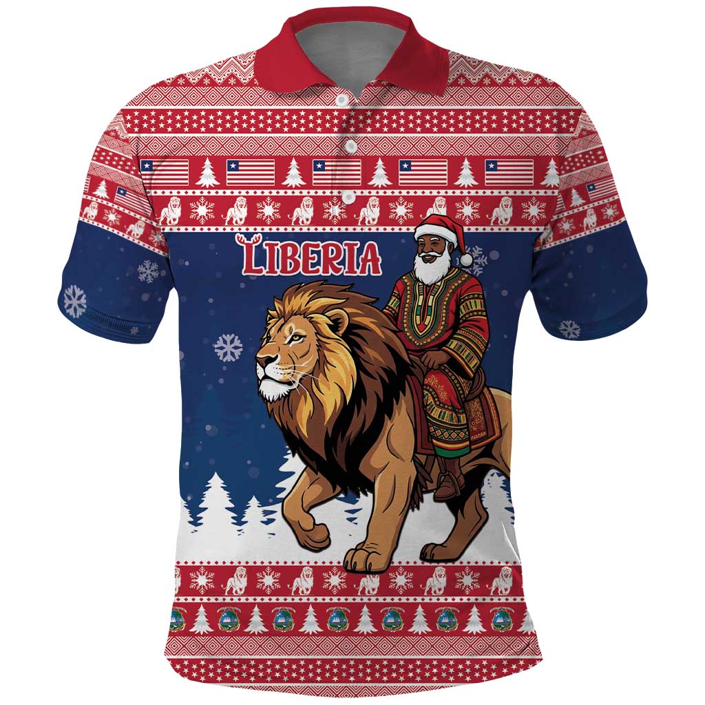 Personalized Liberia Christmas Polo Shirt Black Santa Riding Lion - Merry Christmas - Wonder Print Shop