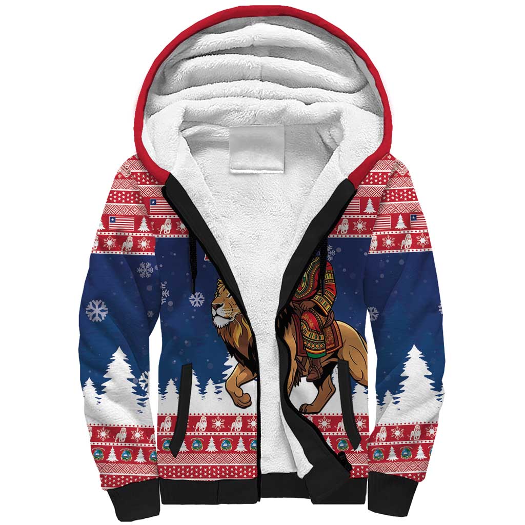 Personalized Liberia Christmas Sherpa Hoodie Black Santa Riding Lion - Merry Christmas - Wonder Print Shop