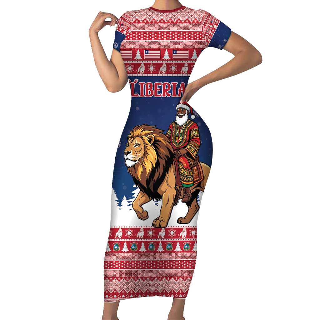 Personalized Liberia Christmas Short Sleeve Bodycon Dress Black Santa Riding Lion - Merry Christmas - Wonder Print Shop