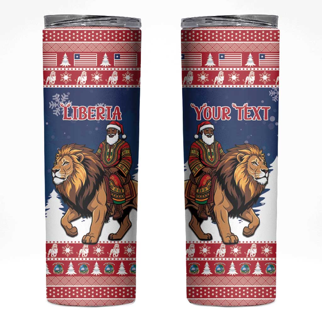 Personalized Liberia Christmas Skinny Tumbler Black Santa Riding Lion - Merry Christmas - Wonder Print Shop