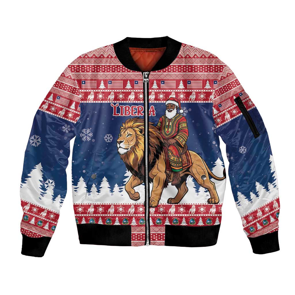 Personalized Liberia Christmas Sleeve Zip Bomber Jacket Black Santa Riding Lion - Merry Christmas - Wonder Print Shop