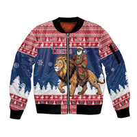 Personalized Liberia Christmas Sleeve Zip Bomber Jacket Black Santa Riding Lion - Merry Christmas - Wonder Print Shop