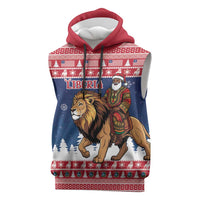Personalized Liberia Christmas Sleeveless Hoodie Black Santa Riding Lion - Merry Christmas - Wonder Print Shop