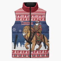 Personalized Liberia Christmas Sleeveless Puffer Jacket Black Santa Riding Lion - Merry Christmas - Wonder Print Shop