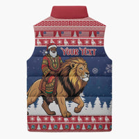 Personalized Liberia Christmas Sleeveless Puffer Jacket Black Santa Riding Lion - Merry Christmas - Wonder Print Shop