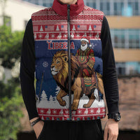 Personalized Liberia Christmas Sleeveless Puffer Jacket Black Santa Riding Lion - Merry Christmas - Wonder Print Shop