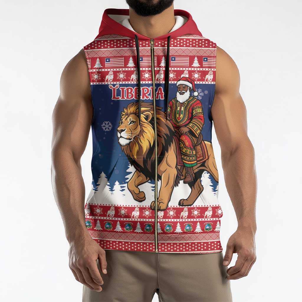 Personalized Liberia Christmas Sleeveless Zip Hoodie Black Santa Riding Lion - Merry Christmas - Wonder Print Shop