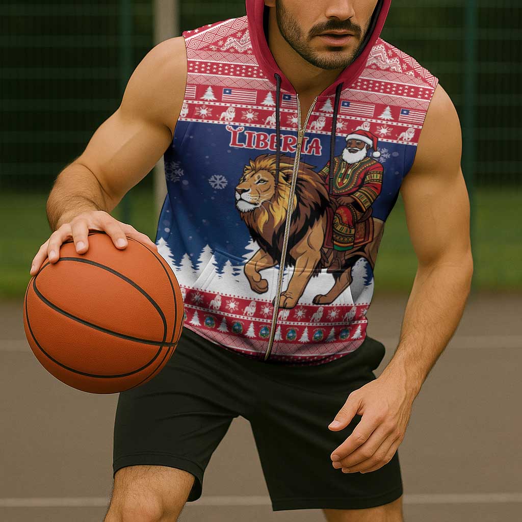 Personalized Liberia Christmas Sleeveless Zip Hoodie Black Santa Riding Lion - Merry Christmas - Wonder Print Shop