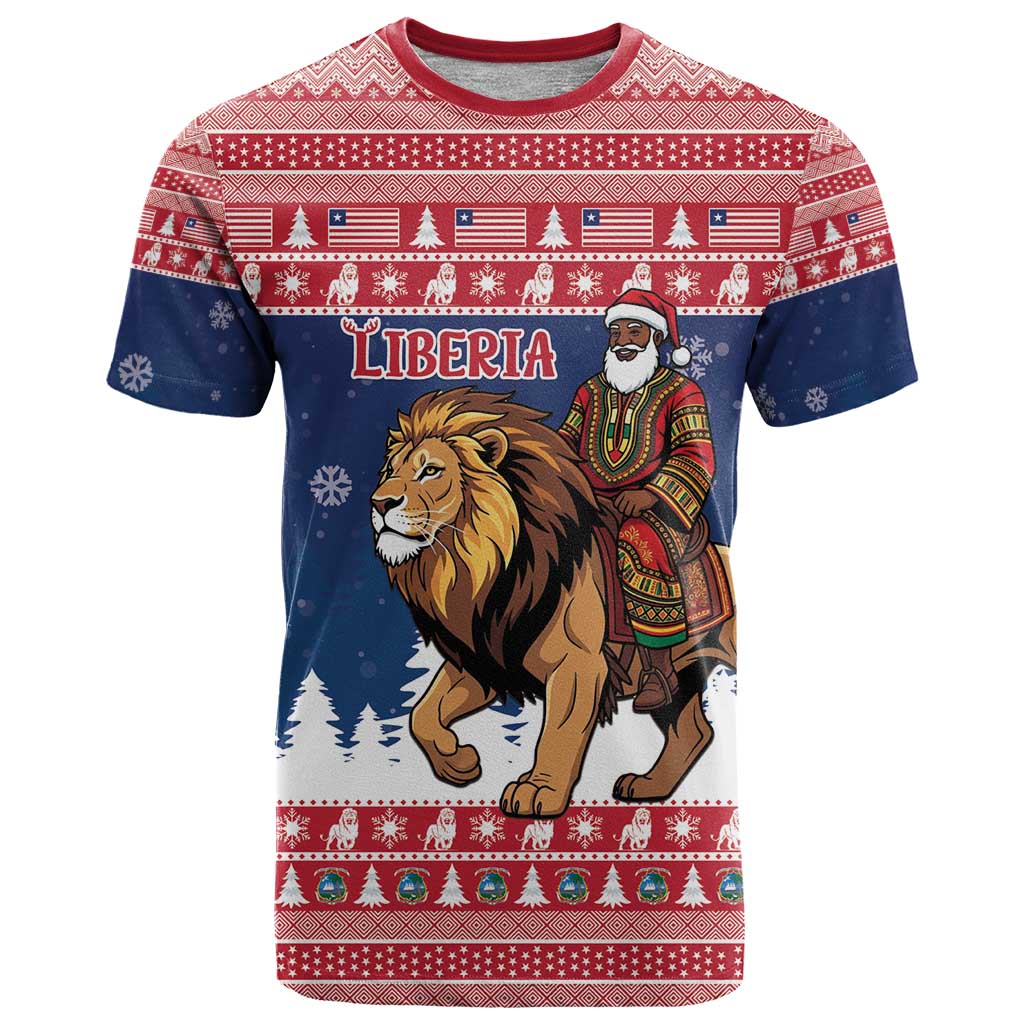 Personalized Liberia Christmas T Shirt Black Santa Riding Lion - Merry Christmas - Wonder Print Shop