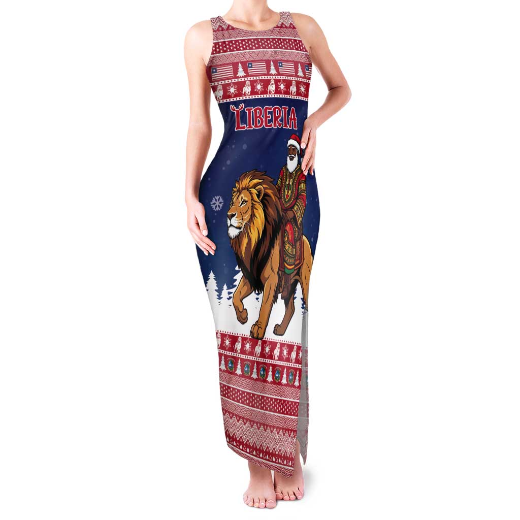 Personalized Liberia Christmas Tank Maxi Dress Black Santa Riding Lion - Merry Christmas - Wonder Print Shop