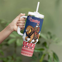 Personalized Liberia Christmas Tumbler With Handle Black Santa Riding Lion - Merry Christmas - Wonder Print Shop