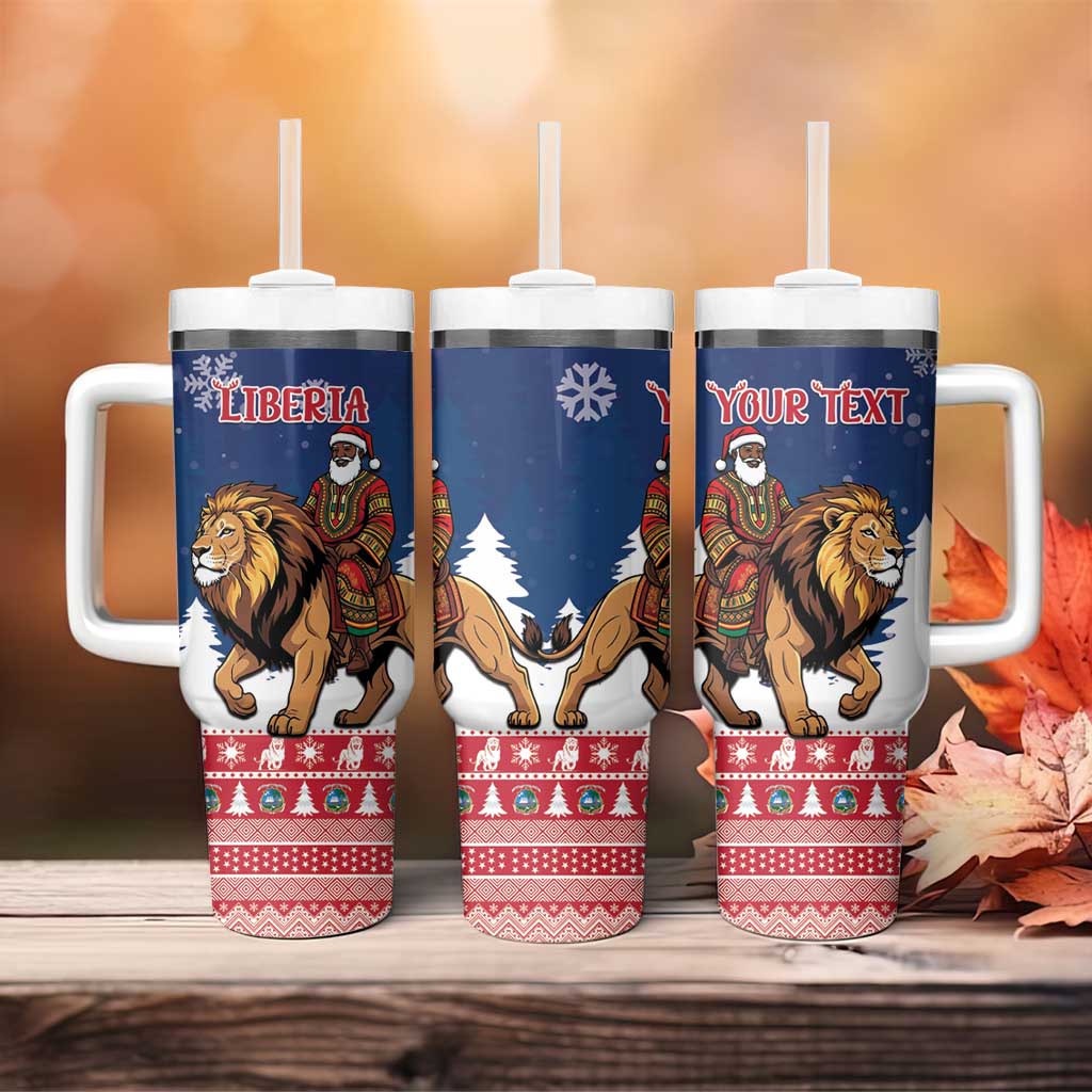 Personalized Liberia Christmas Tumbler With Handle Black Santa Riding Lion - Merry Christmas - Wonder Print Shop