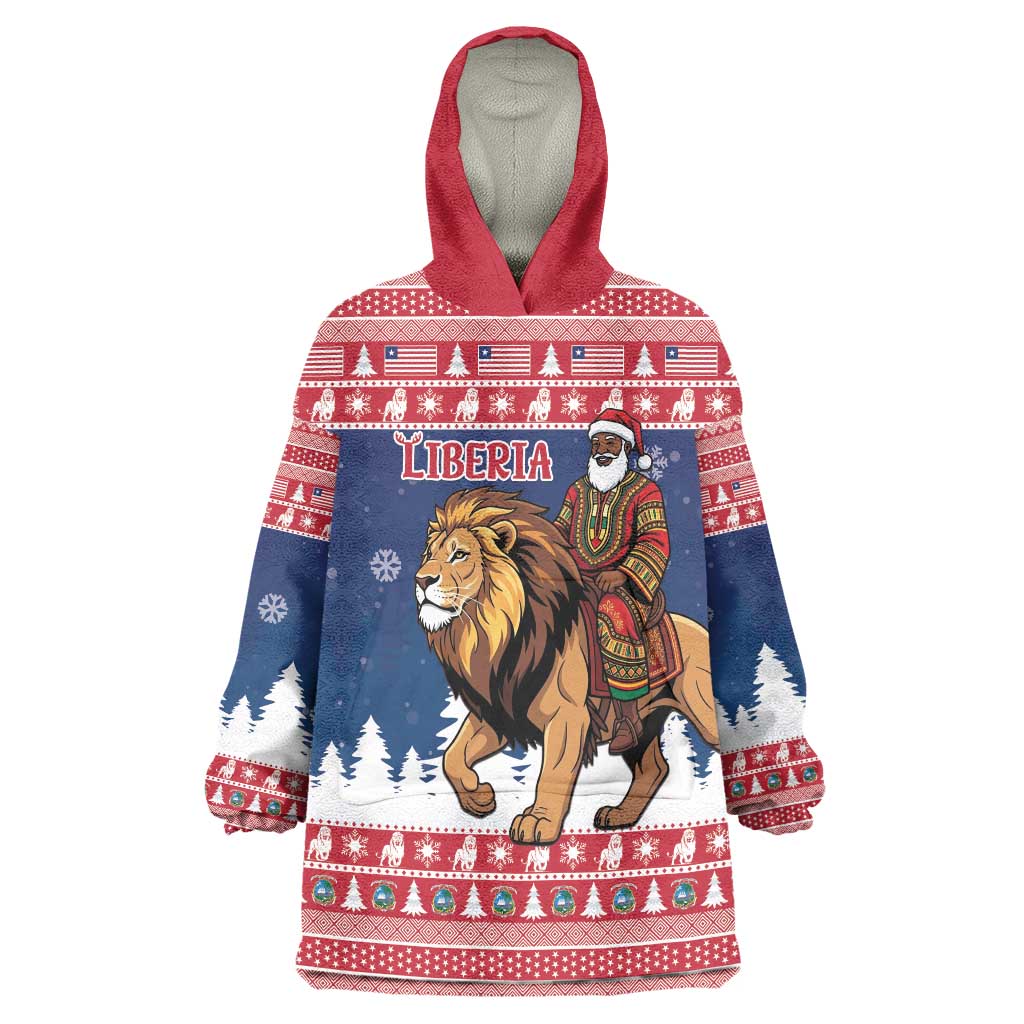 Personalized Liberia Christmas Wearable Blanket Hoodie Black Santa Riding Lion - Merry Christmas - Wonder Print Shop