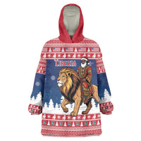 Personalized Liberia Christmas Wearable Blanket Hoodie Black Santa Riding Lion - Merry Christmas - Wonder Print Shop