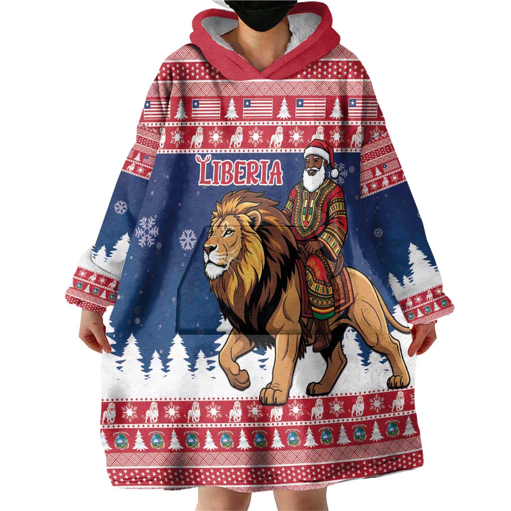 Personalized Liberia Christmas Wearable Blanket Hoodie Black Santa Riding Lion - Merry Christmas - Wonder Print Shop