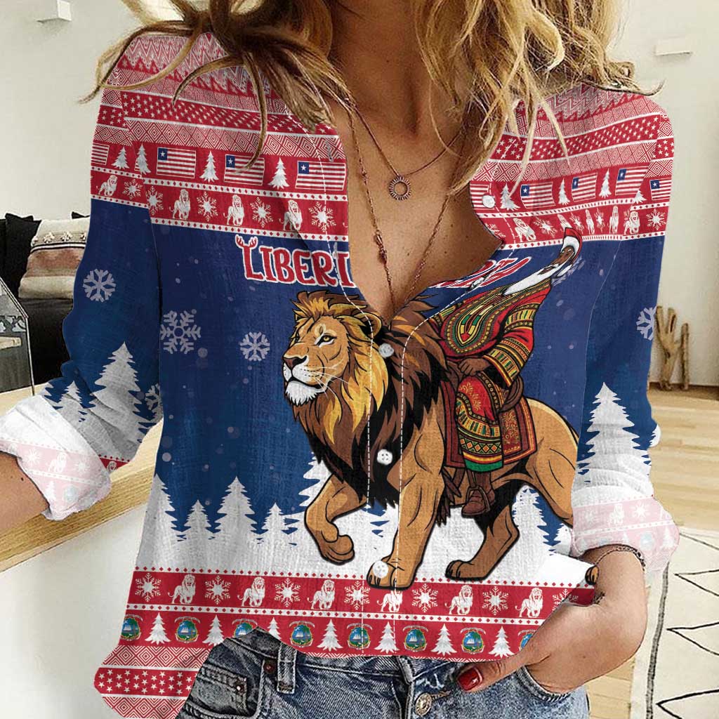 Personalized Liberia Christmas Women Casual Shirt Black Santa Riding Lion - Merry Christmas - Wonder Print Shop