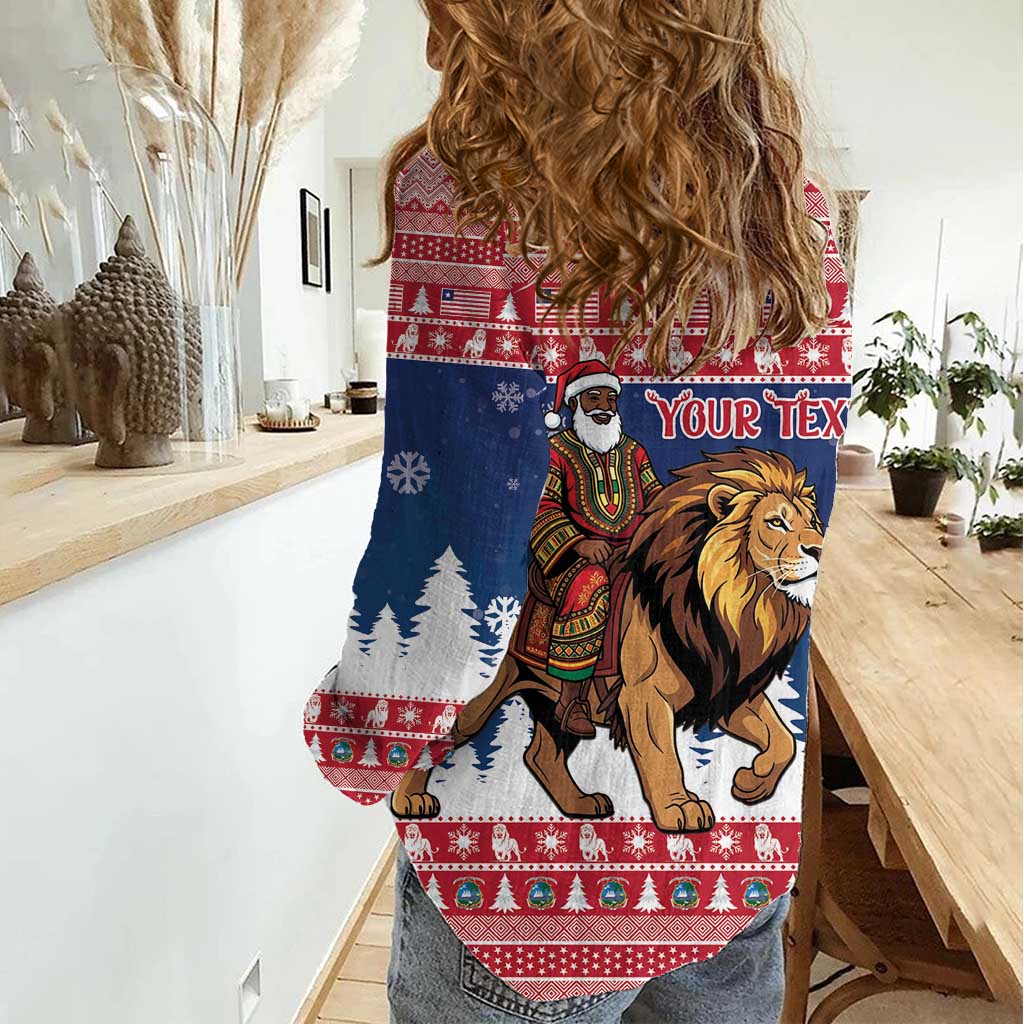 Personalized Liberia Christmas Women Casual Shirt Black Santa Riding Lion - Merry Christmas - Wonder Print Shop