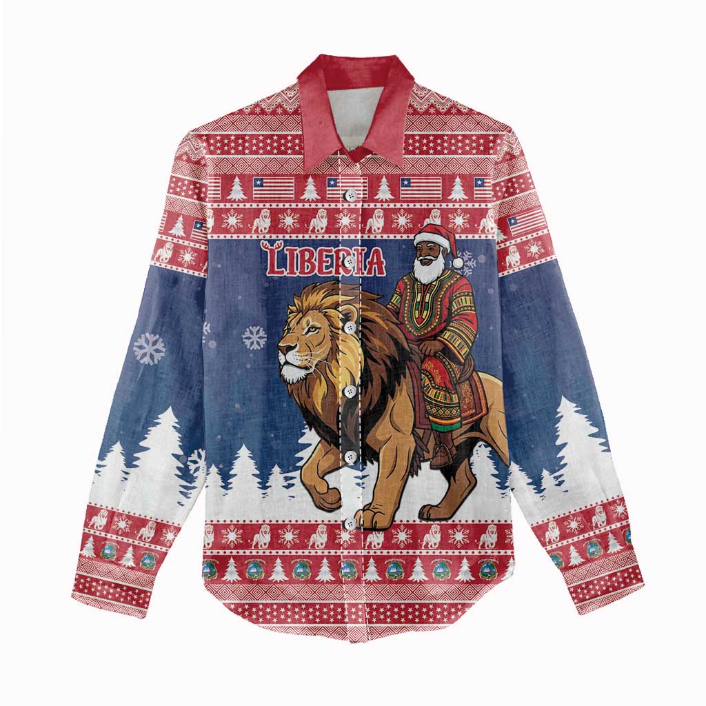Personalized Liberia Christmas Women Casual Shirt Black Santa Riding Lion - Merry Christmas - Wonder Print Shop